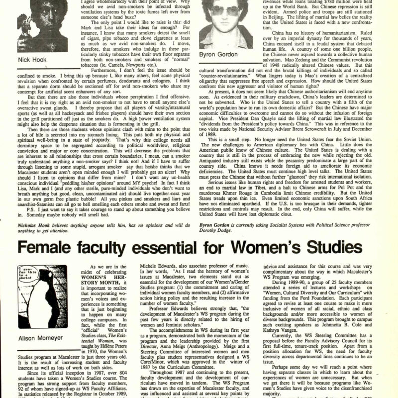 Opinion page articles about segregation, repression, Women's Studies in from Mac Weekly, March 16, 1990